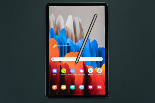 View of home screen of the new tablet Samsung galaxy tab s7 on black screen