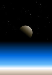 Earth atmosphere with moon and stars on the dark universe horizon. Karman line as the start of outer space. The layers of Earth's atmosphere. Boundary between Earth and space. Vector illustration. 
