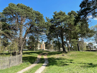 a small church among pine trees in the village