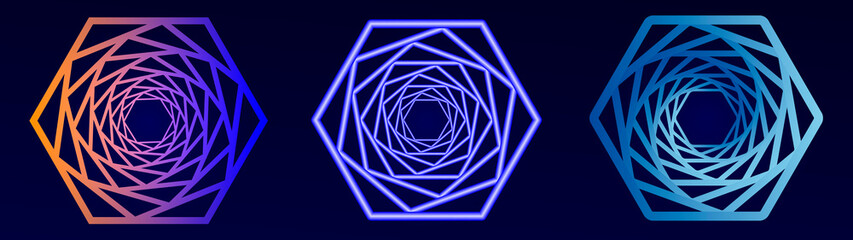 Swirling symbol. Optical illusion. Tunnel abstract. Twisted colored circle 3d. Design with neon, stroke, lines and flow. Vector illustration.
