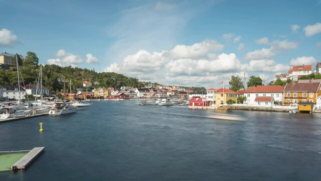 Beautiful Kragerø coastal town in Telemark, Norway, busy boats time lapse in bay