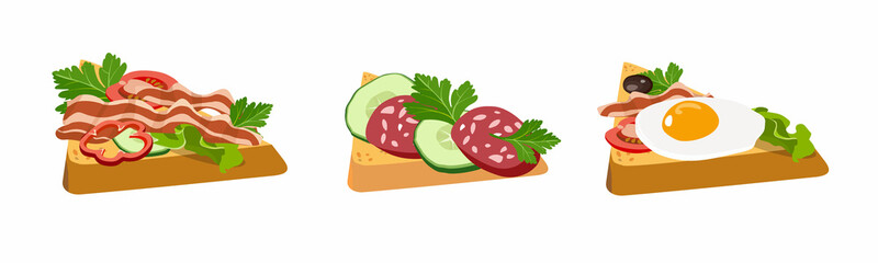 Set of morning sandwiches and toasts for breakfast. Fried pieces of bread with sausage, cheese, eggs, bacon and ham with tomatoes and cucumber. Concept breakfast for menu design. Vector illustration.