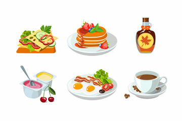 Classic hotel breakfast set with pancakes and maple syrup, cheese toast, cup of coffee. Menu poster with fried egg, bacon, yogurt and fruit. Brunch healthy start day options food. Vector illustration