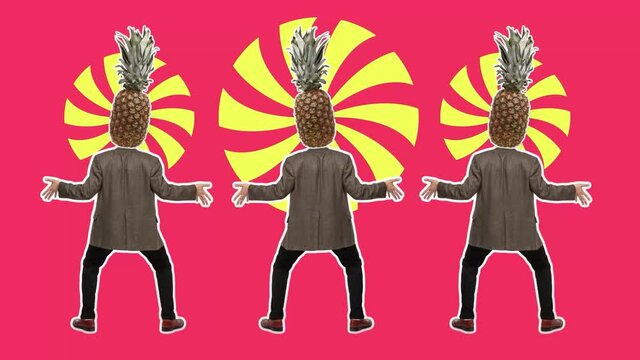 Stop motion design or art 2D animation. Dancing businessman with pineapple head. Fashion dance with color background. Funny man. Modern, conceptual, contemporary bright 4k collage. Summer time concept