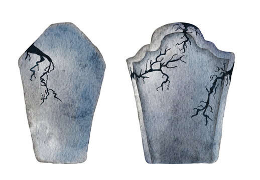 Watercolor tombstone with cracks. Hand Drawn halloween Illustration.