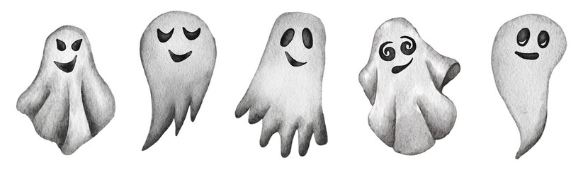 Watercolor ghosts , Scary grey different ghosts for a happy Halloween party