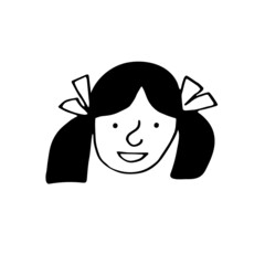 Hand drawn face of smart girl with glasses in black and white doodle style. Character of people collection. 