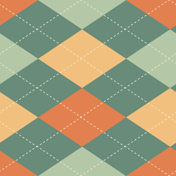 Horizontal argyle seamless vector pattern background. Geometric green, beige, orange, yellow backdrop. Overlay of intercrossing lines on solid multicolor diamond shapes. Scottish inspired repeat