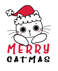 Cute hand drawn kitten cat with red Christmas Santa hat, Merry Catmas, childlike cartoon drawing flat vector