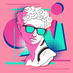 Antique sculpture. Traditional greek bust with trendy abstract elements, marble statue portrait in sunglasses and tattoos. Woman head modern graphics on abstract background vector concept