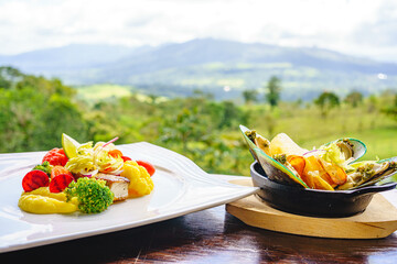 Dish of fish fillet with vegetables and a plate of marinated mussels in front of a forest landscape