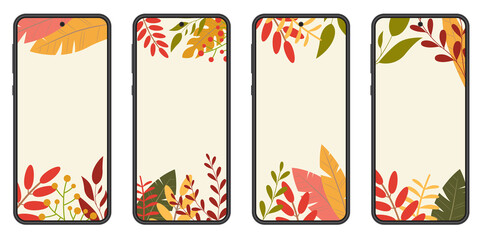 Fototapeta na wymiar Autumn banner with colorful leaves set for social media stories or post. Fall background for smartphone. Vector illustration.