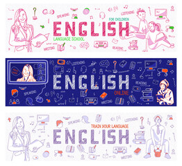 Set of horizontal panoramic banners for Children's Language course. Teach or learn English. Back to school illustration with outline icons, symbols, signs on white, blue background. Line art, vector