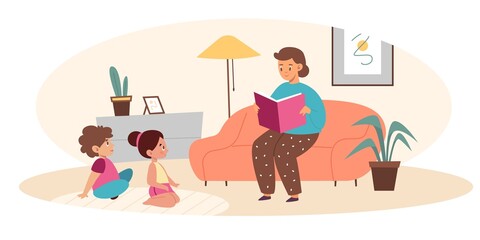 Parents read book kids. Mother reads fairy tale son and daughter, happy family evening, mom and children characters in living room interior. Entertainment literature, vector concept