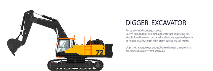 Digger hydraulic excavator with dipper , construction equipment banner, vector illustration © serz72