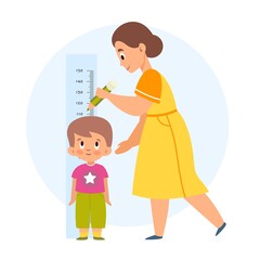 Measuring height. Mom helps her son measure growth, makes mark with pencil, wall-mounted kids meter, little boy standing straight. Human modern characters. Vector isolated concept