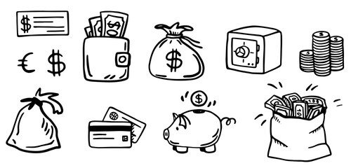Vector set of money. safe, wallet, piggy bank, bag of coins, cards, check. Hand drawing. Doodle style. On a white isolated background