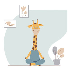 Vector child character sitting in lotus pose in the room. Funny giraffe doing yoga. Cute cartoon animal at home.