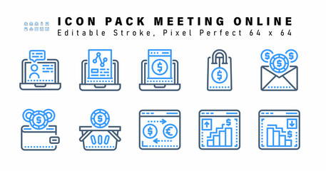 Icon Set of Meeting Online Two Color Icons. Contains such Icons as  Sms Banking, Wallet, Finance, Transaction etc. Editable Stroke. 64 x 64 Pixel Perfect