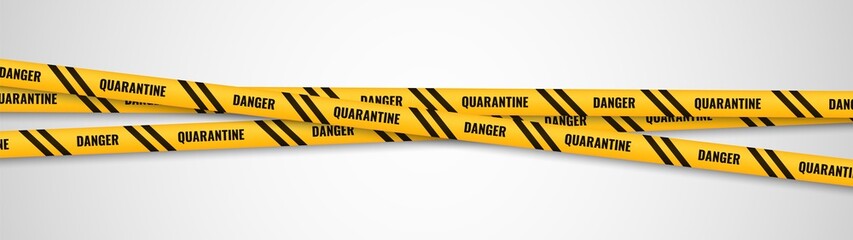 Yellow ribbons Warning. Quarantine safety warning tapes frame, caution obstruction. Dangerous crossing stripes. Horizontal security barricade template. Vector isolated illustration