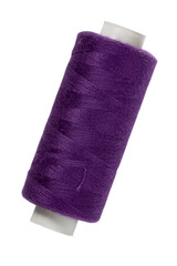 Spool of purple sewing thread close up isolated on white