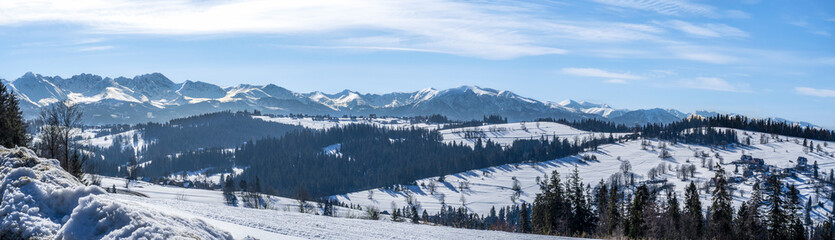 Wide panorama of Tatra mountains , western part, in winter viewed from Bukowina Tatrzanska in Poland