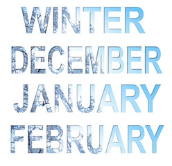 Lettering winter december january and february against the background of a bright winter sky and snow-covered tree branches on a frosty day
