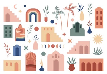 Abstract boho architecture. Buildings geometry elements, contemporary aesthetic simple style, minimalistic flat oriental forms. Doors and windows, sun moon and stars, vector isolated set © YummyBuum