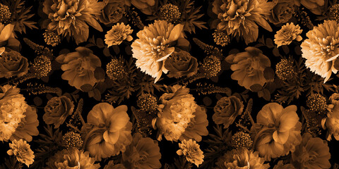 Black and gold flower background. Floral summer seamless pattern. - 455266070