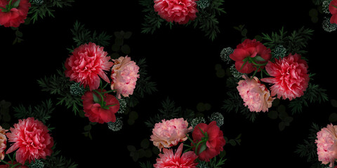 Pink flowers peonies on a black background. Floral seamless pattern. - 455266077