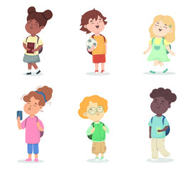 Happy different school children or pupils set isolated on white background. Girls with smartphone and book, boys with football ball and juice box. Back to school concept vector flat illustration. 