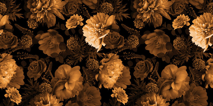Black and gold flower background. Floral summer seamless pattern.