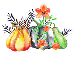 Halloween cute decorative arrangement of orange, green, black pumpkins, orange flowers, necklace and fantasy branches. Watercolor hand painted isolated elements on white background.