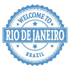Fototapeta premium WELCOME TO RIO DE JANEIRO - BRAZIL, words written on light blue stamp