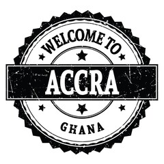 WELCOME TO ACCRA - GHANA, words written on black stamp