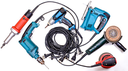 A set of manual electric tools: a straight-grinding machine, a drill, an impact screwdriver, a jigsaw, an angle grinder, an eccentric grinder. Layout top view white background