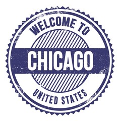 WELCOME TO CHICAGO - UNITED STATES, words written on blue stamp
