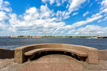 View from the embankment of the Neva River at the Peter and Paul fortress on a summer day,...