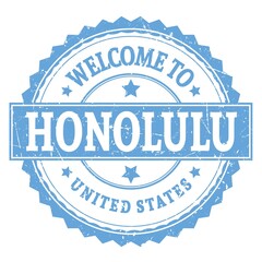 WELCOME TO HONOLULU - UNITED STATES, words written on light blue stamp