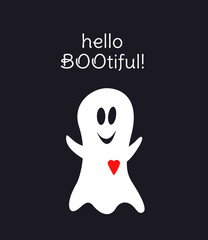 Ghost card. Hello bootiful. Baby. Funny ghost with heart for Halloween. Isolated vector stock illustration EPS 10 on gray background