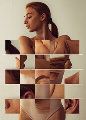 Collage, sliding puzzle. Portrait of young beautiful slim tanned red headed woman in lingerie...