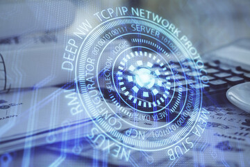 Multi exposure of data theme drawings and desk with open notebook background. Concept of education