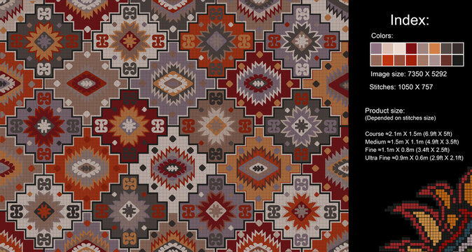 Colorful carpet pattern for knitting cross stitch, carpet, rug, fabric, knitting etc. with mosaic squares and grid guidelines. The index helps you know estimated size of the knitted product.