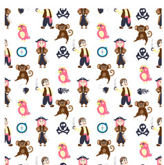 seamless pattern with cartoon little pirates, skull with bones, compass, parrot, monkey and hook