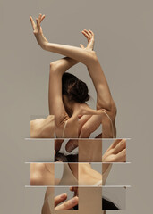 Collage, sliding puzzle. Portrait of young beautiful slim tanned woman in lingerie posing isolated...