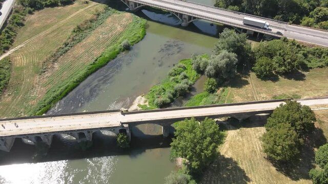 Aerial view of Nineteenth-century bridge over the Yantra River, known as the Kolyu Ficheto Bridge in Byala, Ruse region, Bulgaria