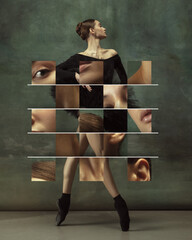Collage, sliding puzzle. Young woman, elegant ballerina in art action isolated on dark green...