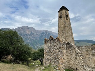 Fototapeta premium Ancient ruined city in a mountain valley, Ingushetia, Caucasus, Russia