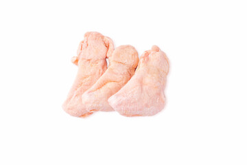 Three raw wings on a white background, isolade. Raw frozen wings for a supermarket.