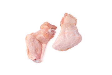 Two raw wings on a white background, isolade. Raw frozen wings for a supermarket.